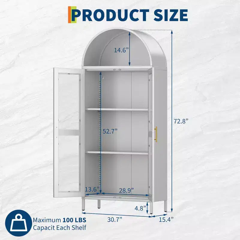 73 Modern Arched Metal Cabinet with Glass Doors & 2 Adjustable Shelves, Arch-Top Storage Unit for Pantry, Living & Dining Rooms