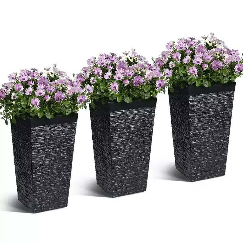 Set of 3 Black Tall Planters  22.5 Outdoor & Indoor Flower Pots with Drainage Holes, for Porch, Patio, Living Room