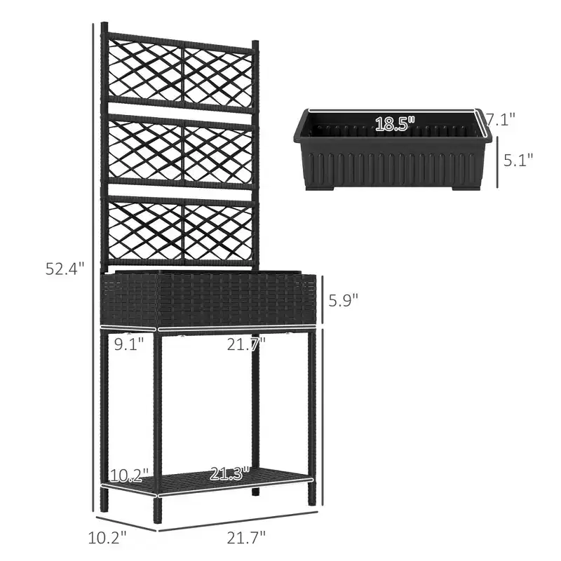 Freestanding Rattan Garden Box,Outdoor Wicker Planter with Trellis for Climbing Plants,with Storage Shelf