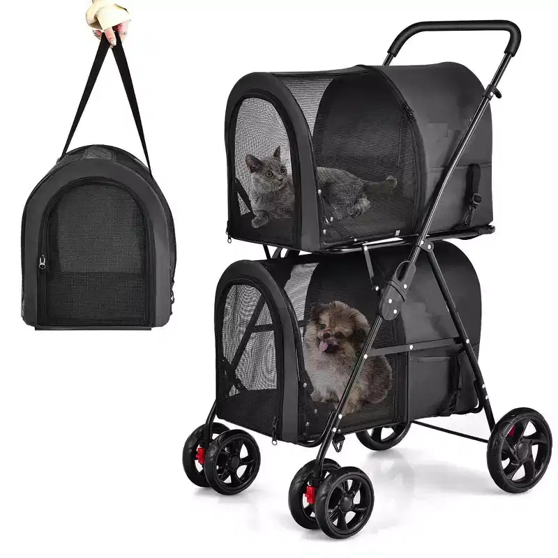 Costway Double Pet Stroller with 2 Detachable Carrier Bags Safety Belt 4 Lockable Wheels Cat Stroller Travel Carrier Strolling Cart Folding Black