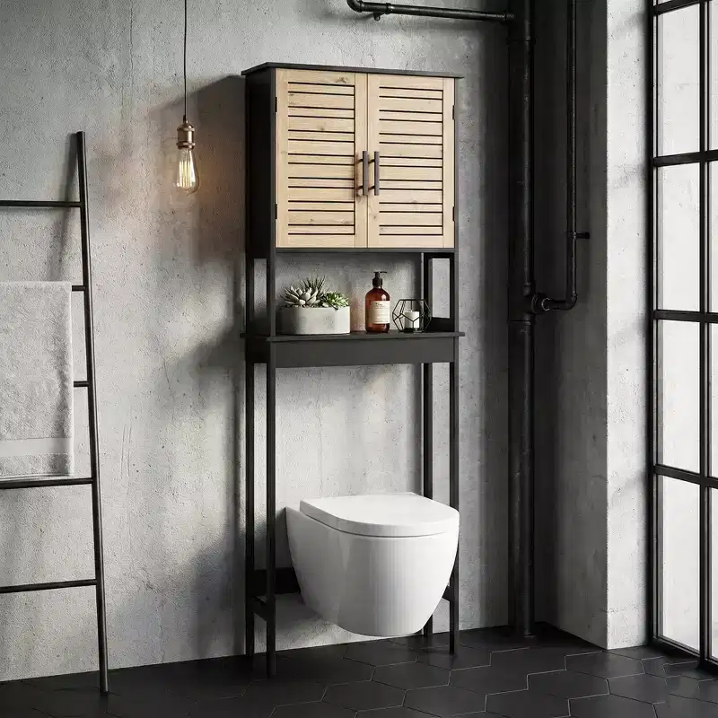 Evideco French Home Goods Over The Toilet Storage Cabinet with Double Vented Doors and Open Shelf, Black and Brown - Bergen Collection
