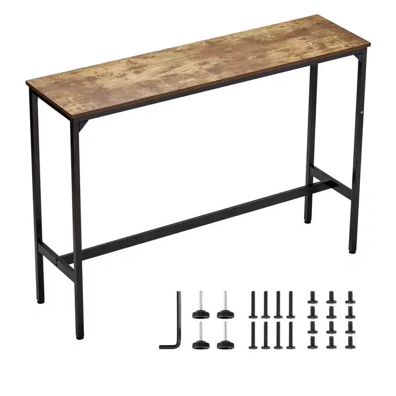 VEVOR Bar Table, Sturdy Metal Frame High Top Pub Table, Narrow Long Kitchen Dining, Cocktail Counter Bar Height Desk, 55x15x39 in, Brown and Black