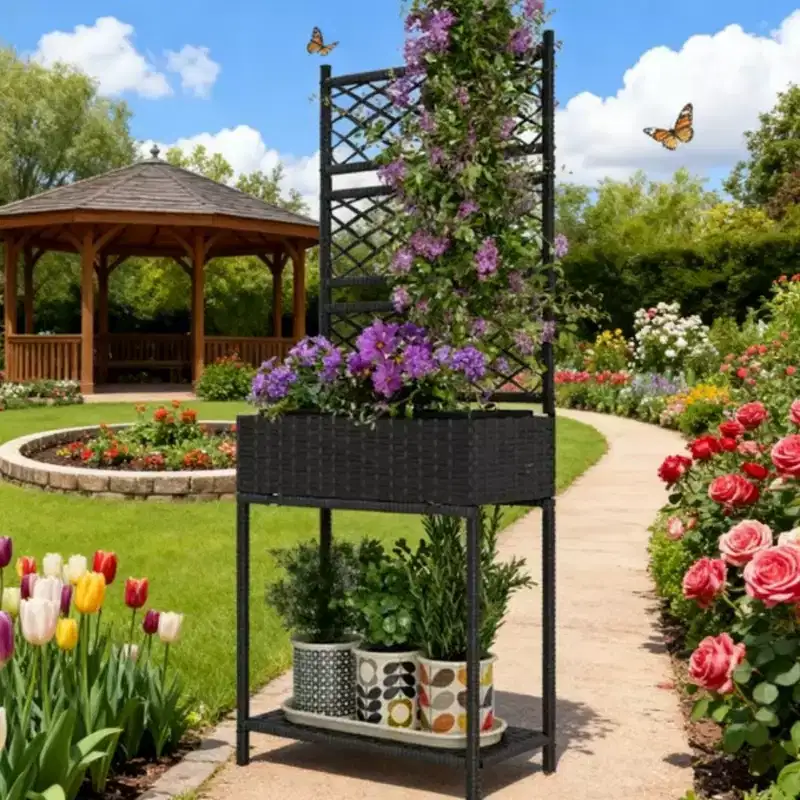 NAYSAYE Freestanding Rattan Garden Box Outdoor Wicker Planter with Trellis and Storage Shelf for Climbing Plants Vegetables and Flowers, Black