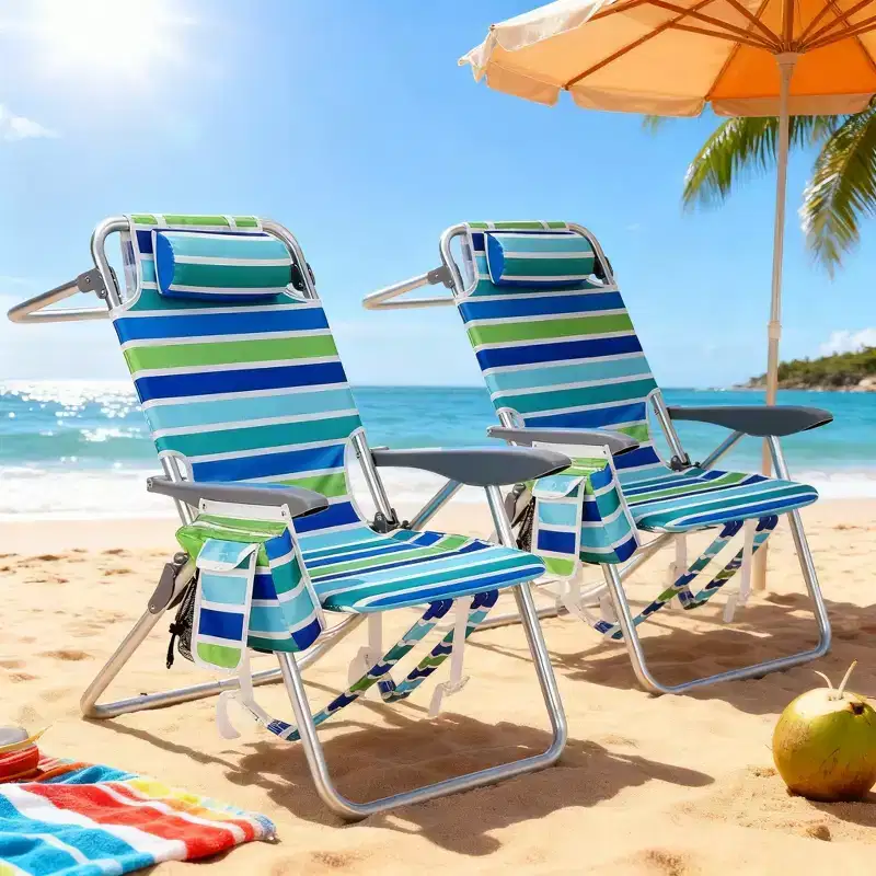 2-Pack High Backpack Beach Chairs - Reclining Heavy-Duty Folding Chair, 5-Position with Cooler Pouch & Cup Holder & Towel Bar