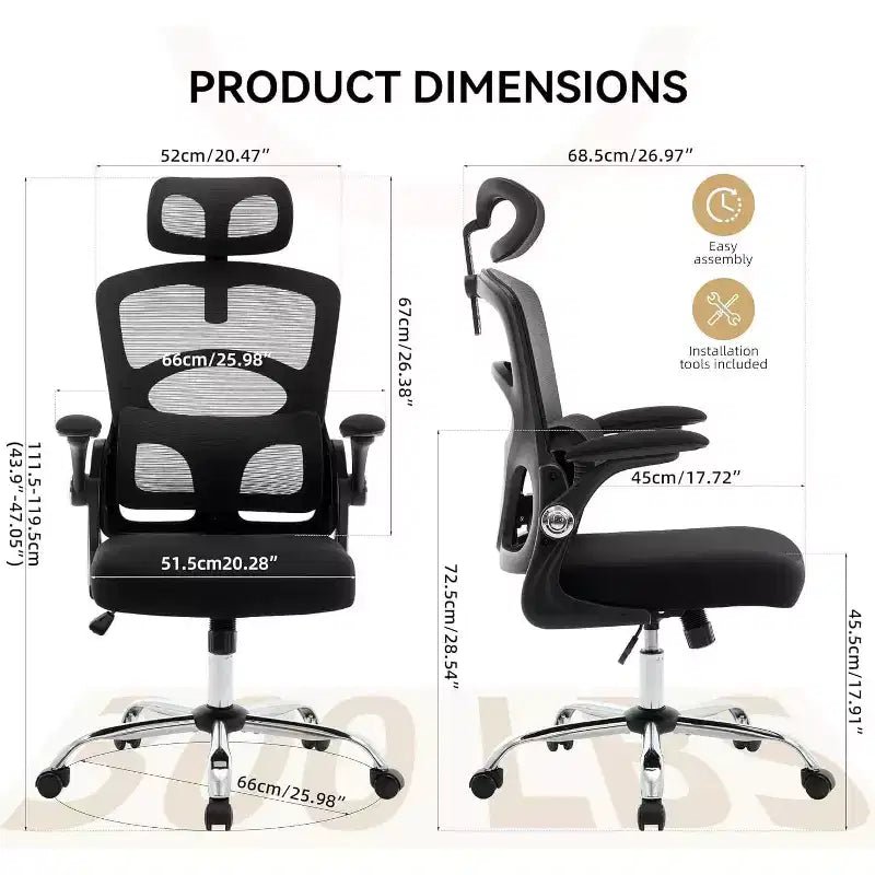 Ergonomic Office Chair with Adjustable Lumbar Support and Headrest, High-Back Mesh Desk Chair with Wheels for Home or Office Use, Black