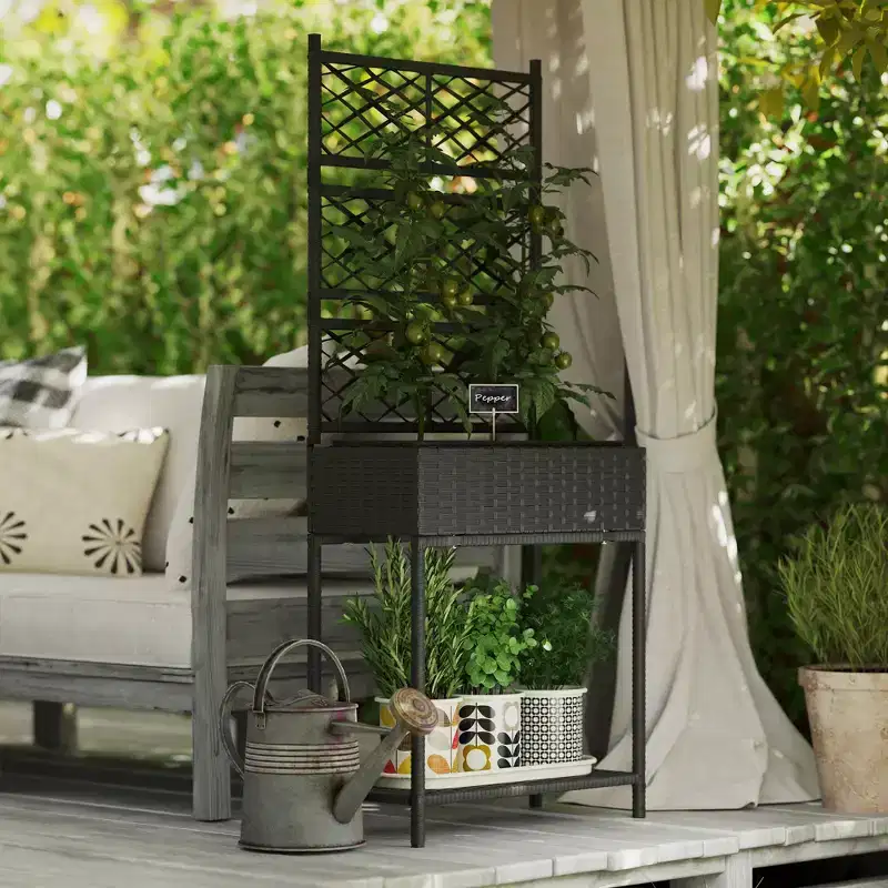 Outdoor Wicker Planter with Trellis for Climbing Plants, Freestanding Rattan Garden Box with Storage Shelf