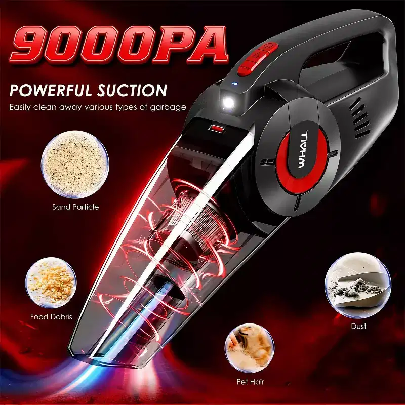 WHALL Handheld Cordless Car Vacuums, Wet and Dry Use 9KPa Strong Suction Vacuums, Rechargeable Portable Vacuum Cleaner with LED, Charging Dock, Red
