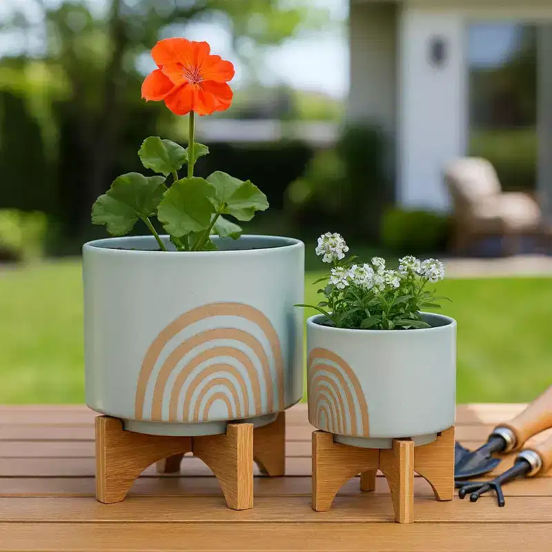 Arch Ceramic Planters with Wooden Stand for Home Decor - Flower Pots for Living Room, Entryway, Patio, and Garden - Set of 2, 11, 7, Green & Tan