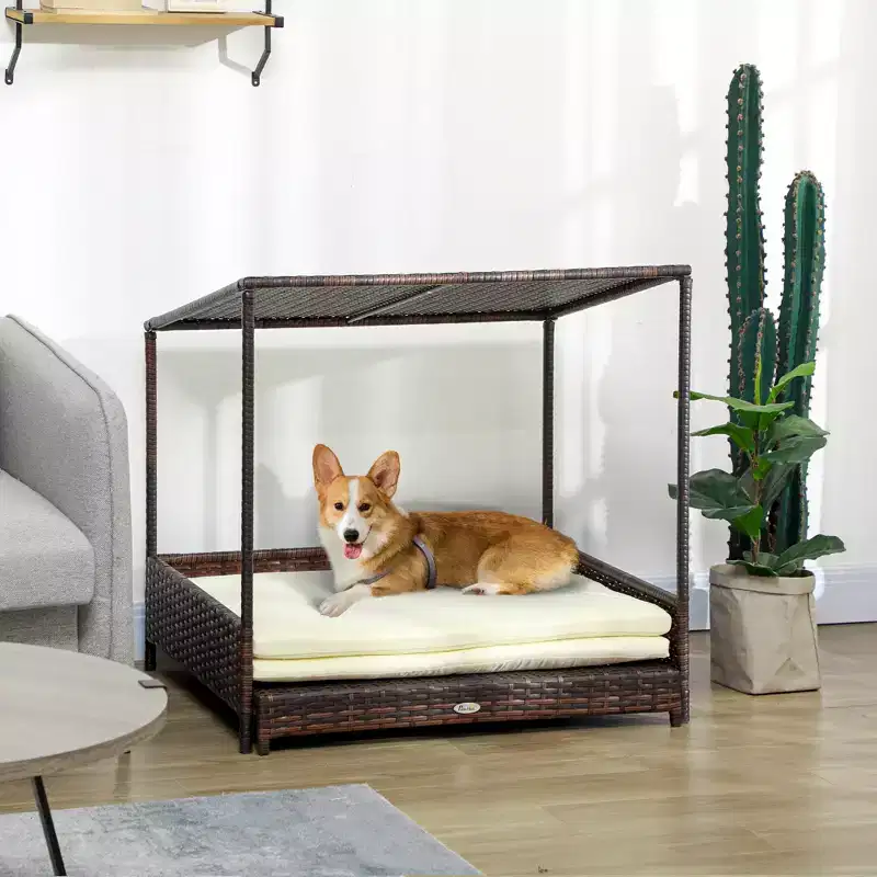 PawHut Outdoor Wicker Dog House with Roof, Extendable Rattan Dog Bed with Soft Removable Cover Cushion for Small and Medium Dogs, Mixed-Brown
