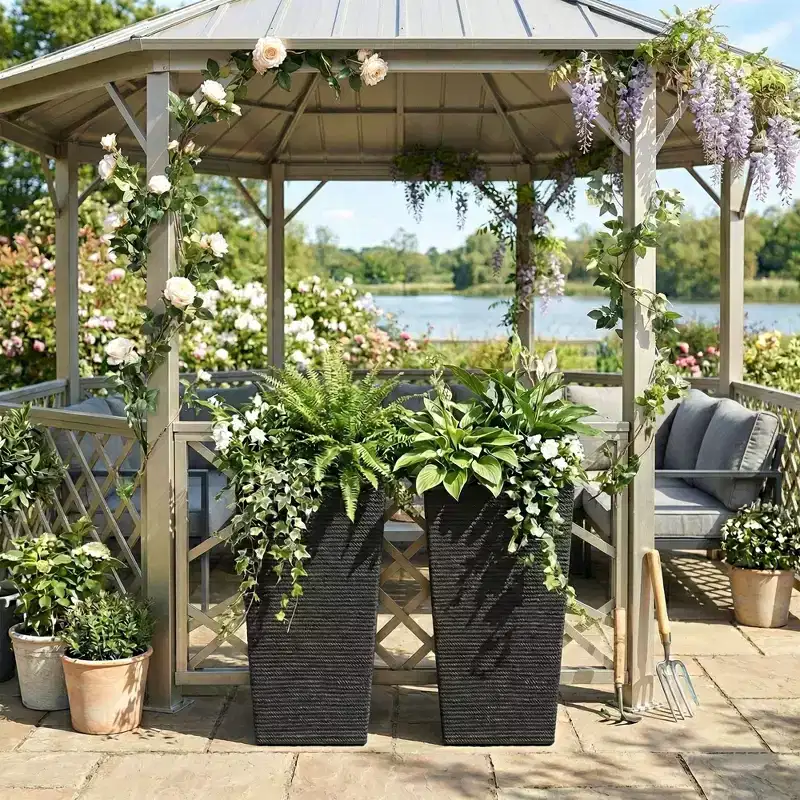2 Pack Square Planters for Outdoor Indoor Plants Woven Texture Flower Pots with Drainage Holes All-Weather Resistant Fade & Scratch Proof Plant Pots