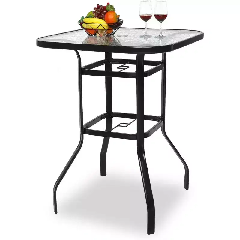 VINGLI Outdoor Bar Table with Umbrella Hole, Modern Black Metal Patio Bar Table, High Top Table for Outdoor Relaxation and Home Entertaining Black