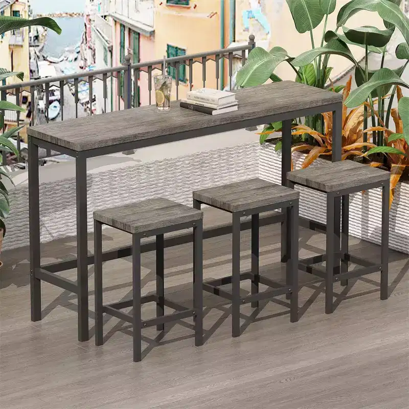 4-Piece Bar Table Set, Modern Rectangular Pub Table & 3 Stools, for Kitchen, Breakfast Nook, Living Room, Apartment  Brown & Gray