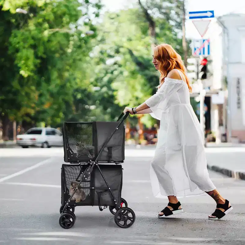 Costway Double Pet Stroller with 2 Detachable Carrier Bags Safety Belt 4 Lockable Wheels Cat Stroller Travel Carrier Strolling Cart Folding Black