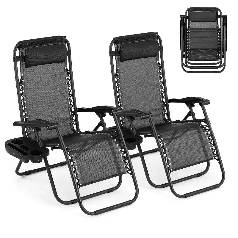 Patio Reclining Lounge Chair Set of 2, Adjustable Outdoor Folding Chairs with Cup Holder & Removable Headrest, Portable Lounge Chair for Beach