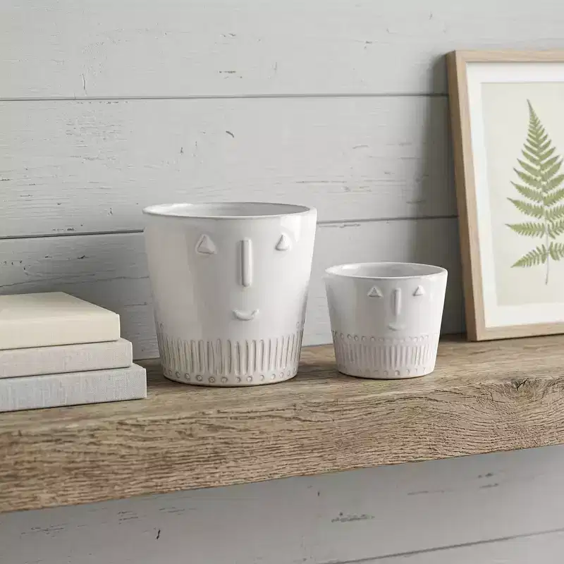 HomeRoots Set of Two White Porcelain 4 Ounce Abstract Face Pot Planters