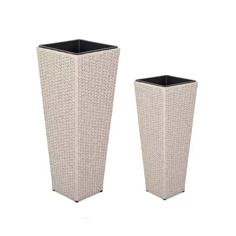 2-Piece Beige Outdoor Wicker Planter Set for Patio Porch and Entryway, Flower Pots with Iron Frame and Drainage