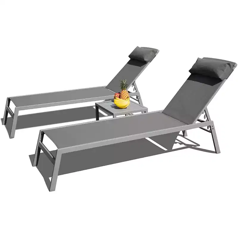 CLIHOME 3 Pieces Patio Aluminum Pool Lounge Chairs Set,Adjustable Backrest Textilene Sunbathing Recliner(with 2 Lounge Chairs&1 Table)
